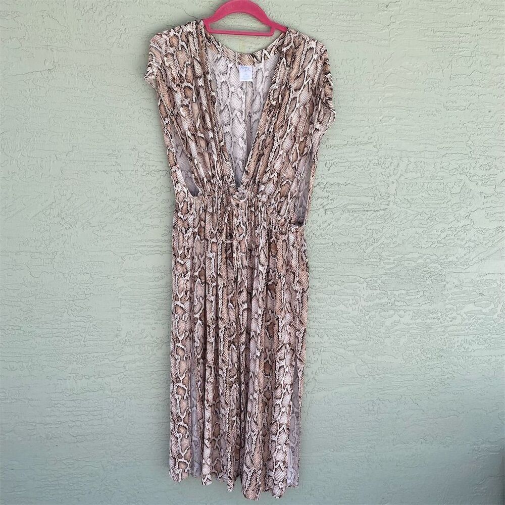 Kona Sol Women's L Snake Print Tie-Front Midi Coverup Dress Multicolor Casual